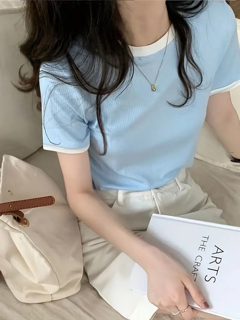 Plain Women's T-Shirt Baby Blue Color, Ribbed Fabric, Women's Crop Tee