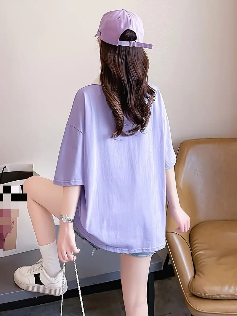 Graphic Oversized Printed Women's T-Shirt Polo Tee Lavender Color