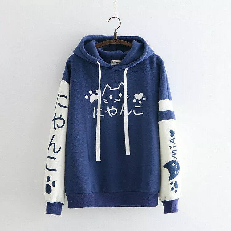 Cat Face Printed Oversized Women's Sweatshirt Hoodie, Blue Color, Drop Shoulders