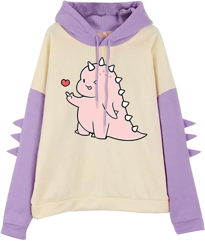Dinosaur Printed Oversized Women's Sweatshirt Hoodie, Lavender Color, Drop Shoulders