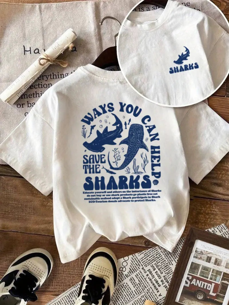 Sharks Graphic Oversized Printed Women's T-Shirt White Color, Unisex, Back Print