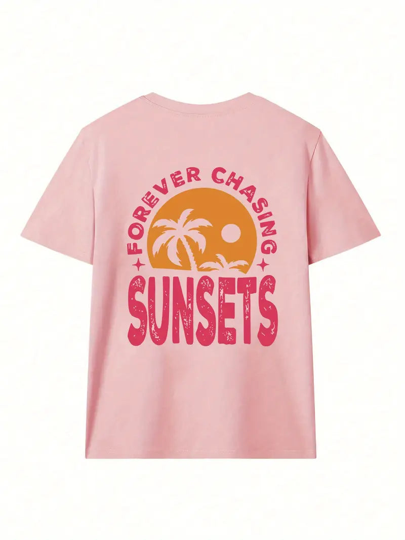 Sunsets Graphic Oversized Printed Women's T-Shirt Pink Color, Unisex, Back Print