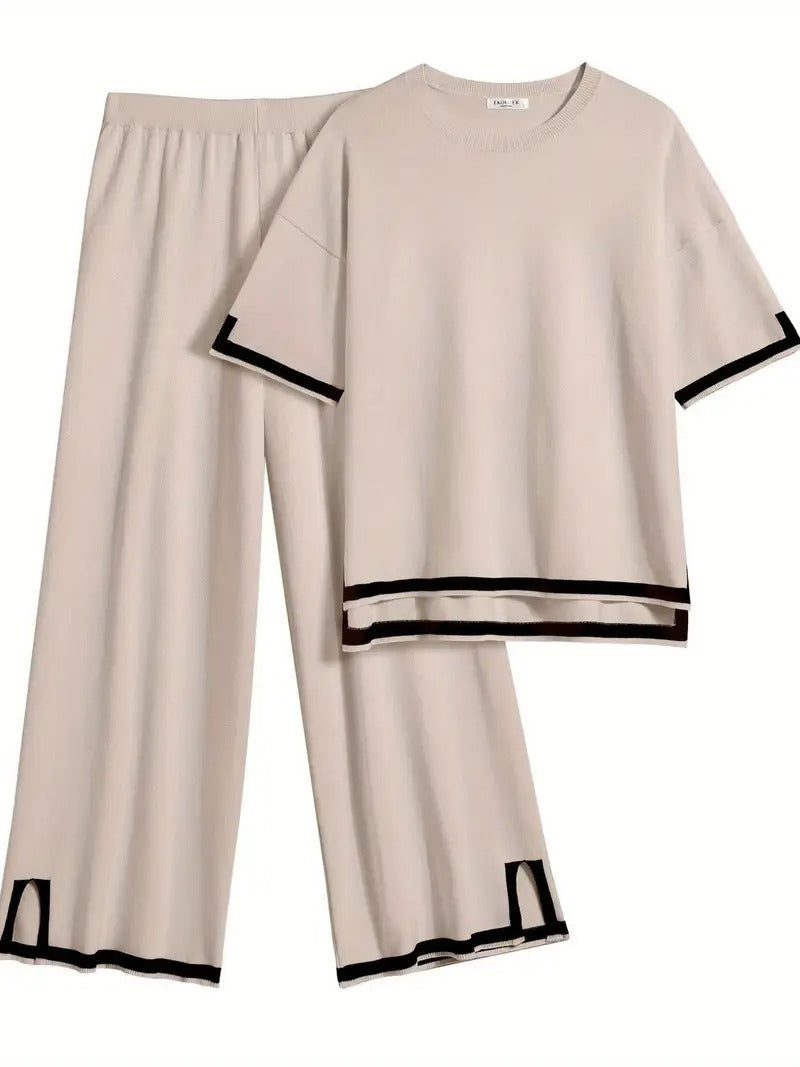 Women's Cord-set Beige And Black Relaxed fit Trendy Fashion for Office and Casual Wear