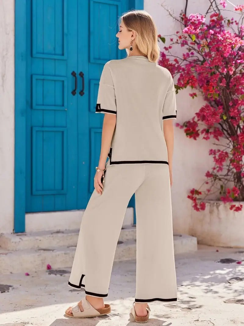 Women's Cord-set Beige And Black Relaxed fit Trendy Fashion for Office and Casual Wear
