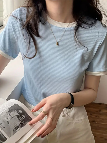 Plain Women's T-Shirt Baby Blue Color, Ribbed Fabric,  Women's Crop Tee