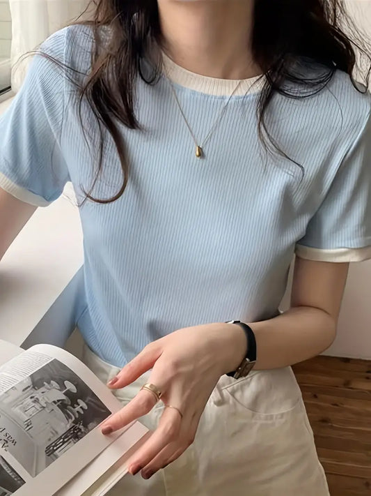 Plain Women's T-Shirt Baby Blue Color, Ribbed Fabric,  Women's Crop Tee