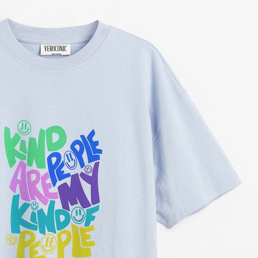 Kind People Are My Kind of People Printed Oversized Baby Blue Cotton T-shirt