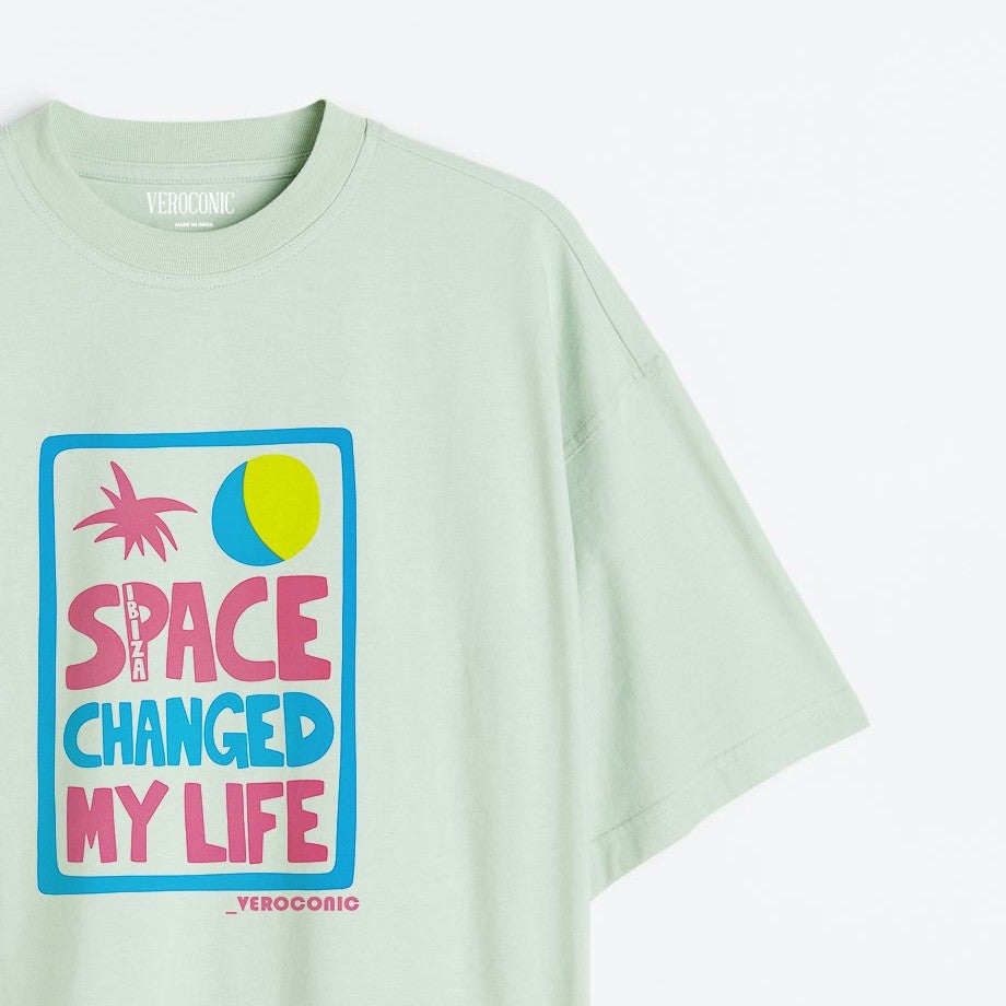 Space Changed My Life Graphic Printed Oversized Mint Green Cotton T-shirt