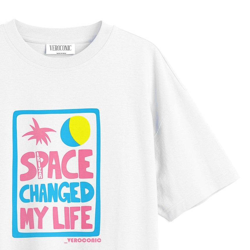 Space Changed My Life Graphic Printed Oversized White Cotton T-shirt