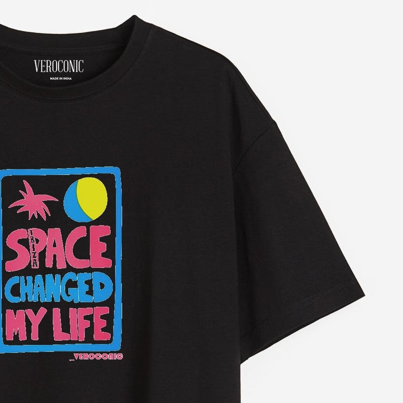 Space Changed My Life Graphic Printed Oversized Black Cotton T-shirt