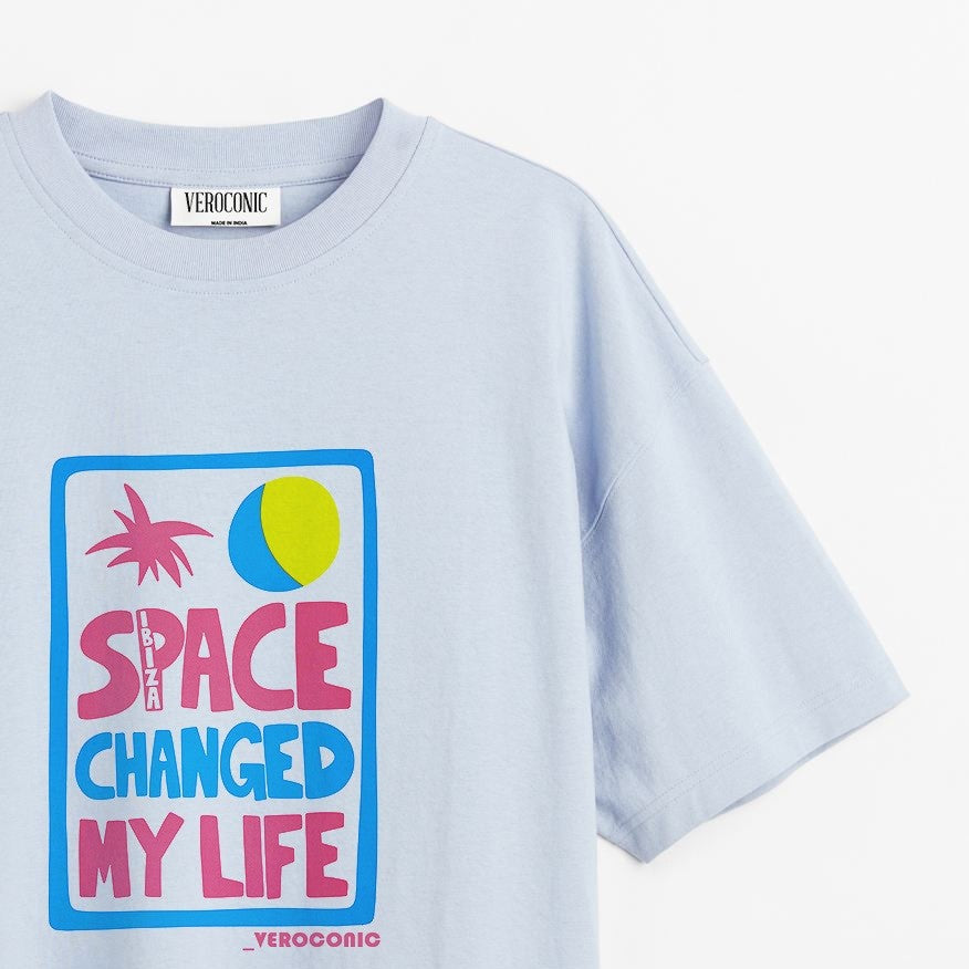 Space Changed My Life Graphic Printed Oversized Baby Blue Cotton T-shirt