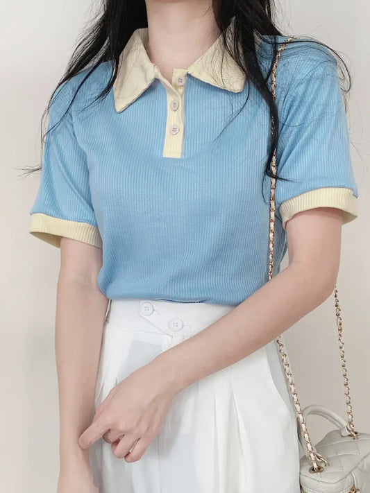 Collar Neck Plain Women's T-Shirt Baby Blue Color, Ribbed Fabric,  Women's Crop Tee