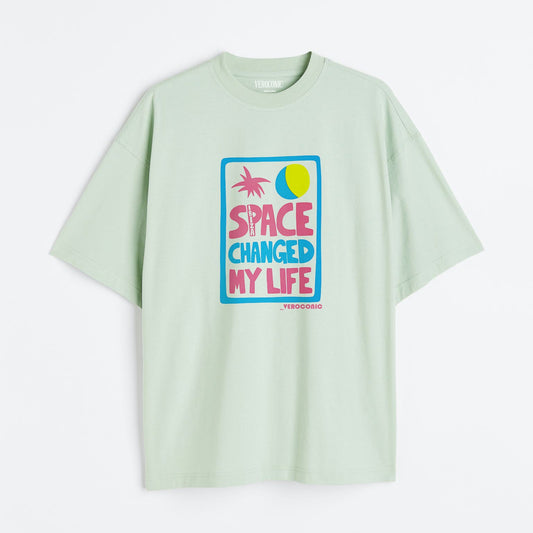 Space Changed My Life Graphic Printed Oversized Mint Green Cotton T-shirt