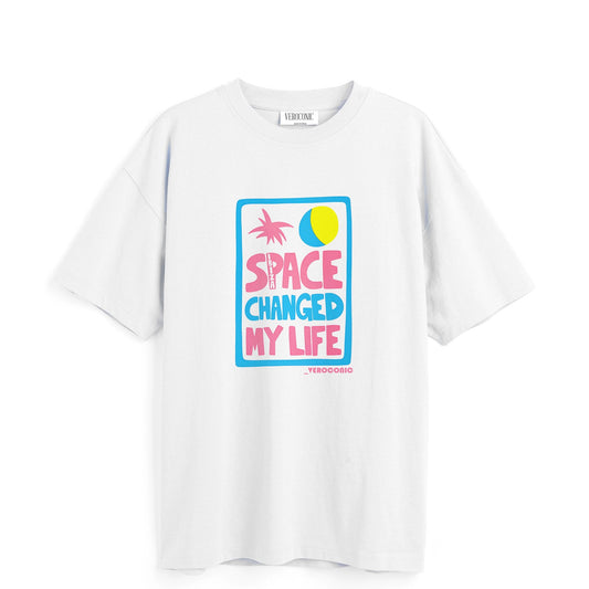 Space Changed My Life Graphic Printed Oversized White Cotton T-shirt
