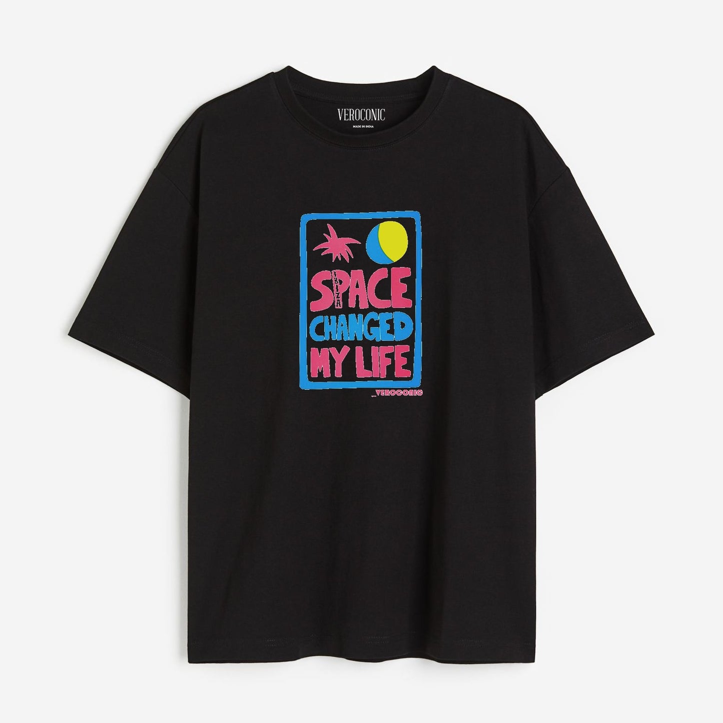 Space Changed My Life Graphic Printed Oversized Black Cotton T-shirt