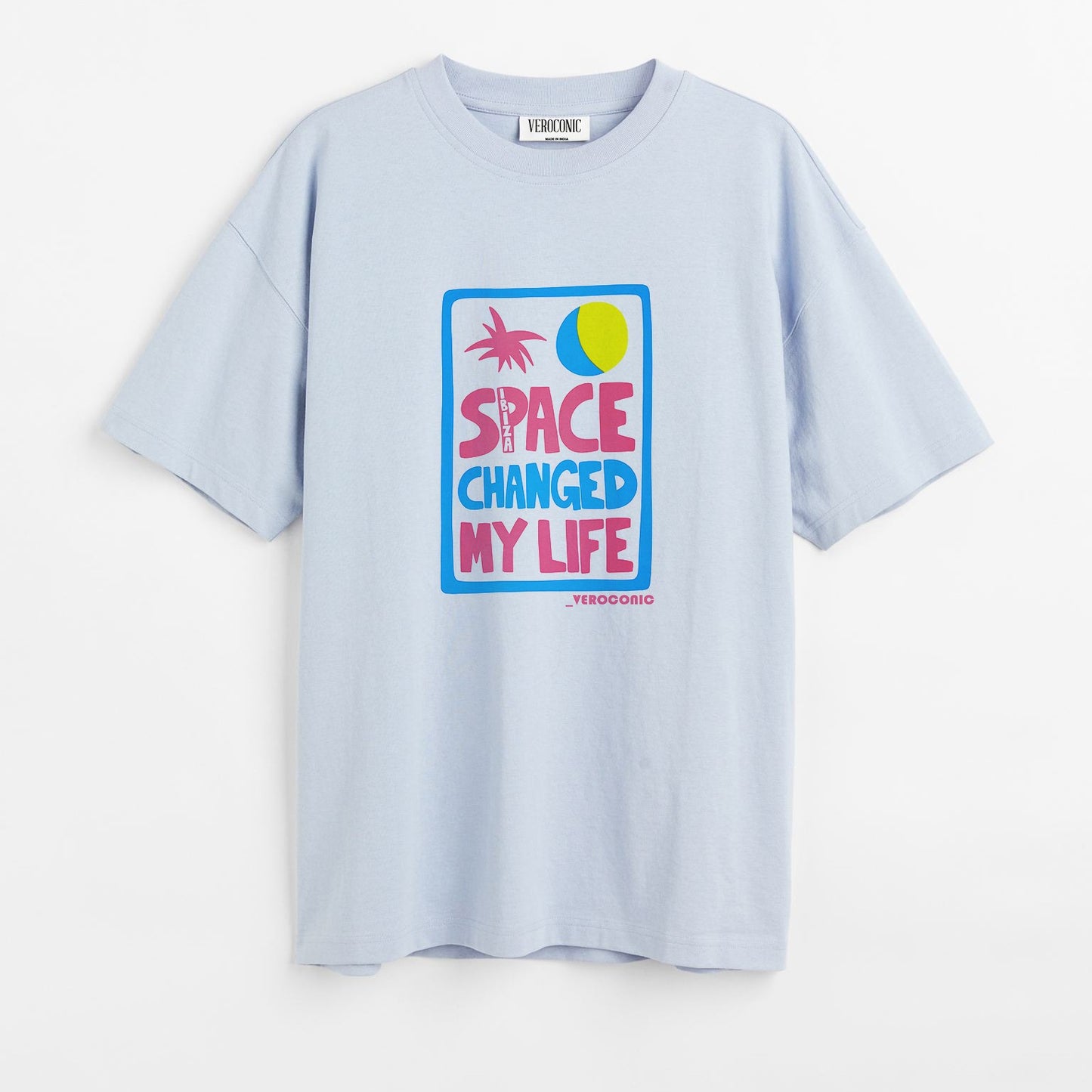 Space Changed My Life Graphic Printed Oversized Baby Blue Cotton T-shirt
