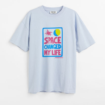 Space Changed My Life Graphic Printed Oversized Baby Blue Cotton T-shirt
