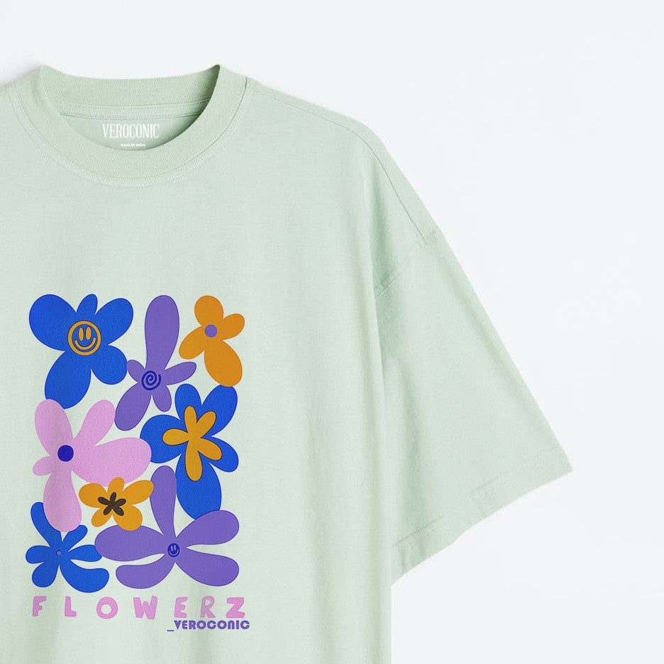 Flower Graphic Printed Oversized Mint Green Cotton T-shirt