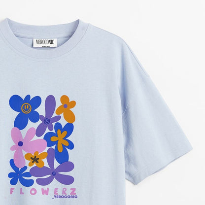 Flower Graphic Printed Oversized Baby Blue Cotton T-shirt