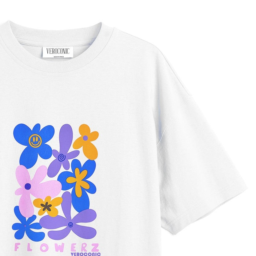 Flower Graphic Printed Oversized White Cotton T-shirt