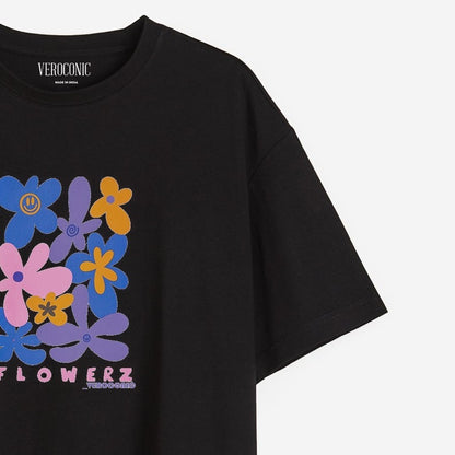Flower Graphic Printed Oversized Black Cotton T-shirt