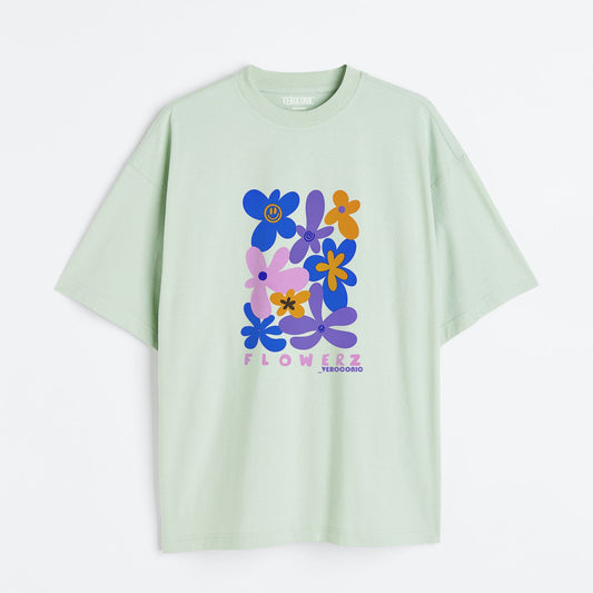 Flower Graphic Printed Oversized Mint Green Cotton T-shirt