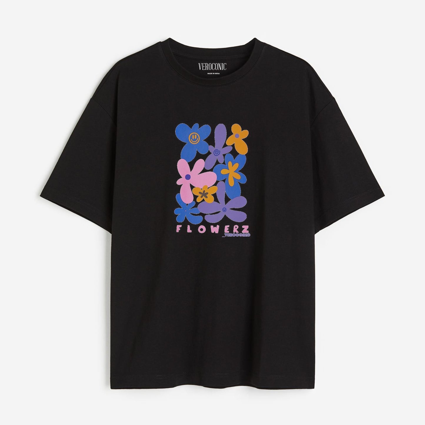 Flower Graphic Printed Oversized Black Cotton T-shirt