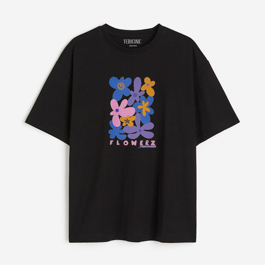 Flower Graphic Printed Oversized Black Cotton T-shirt