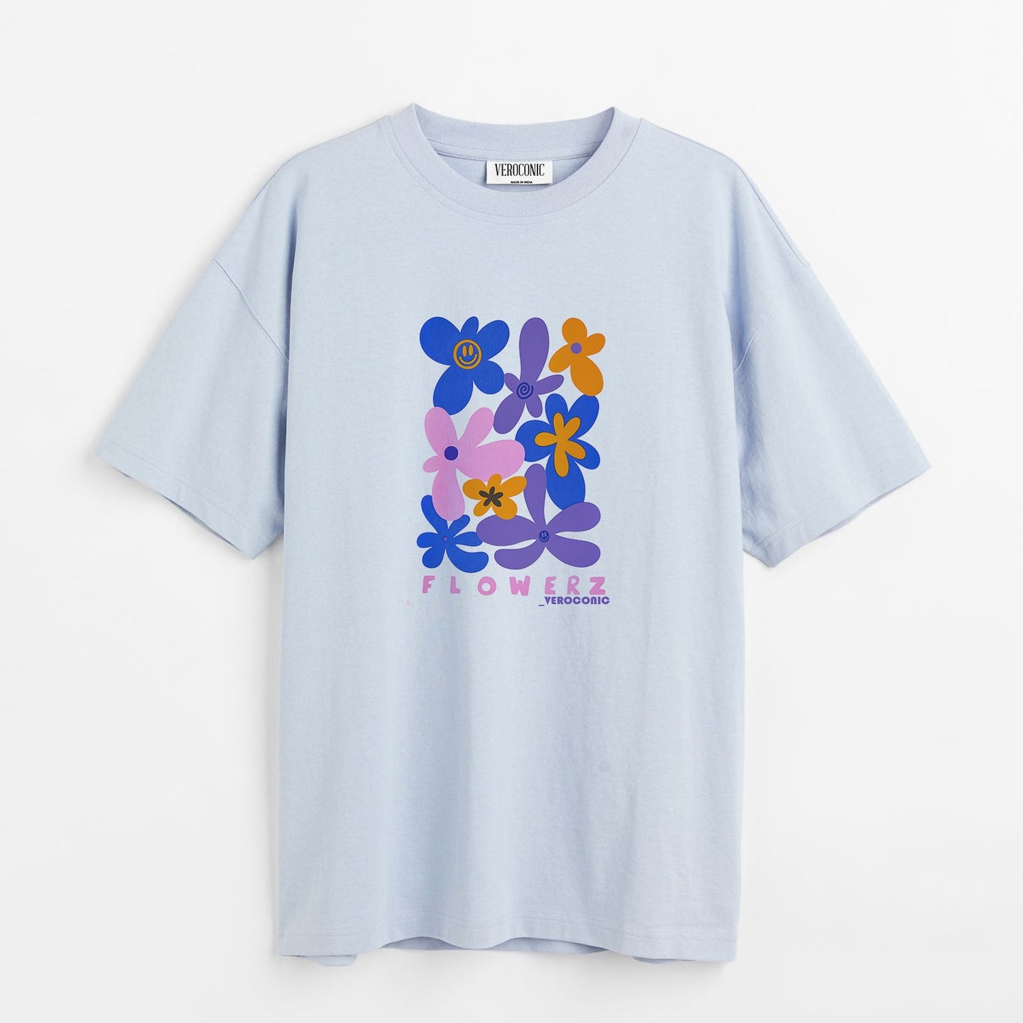 Flower Graphic Printed Oversized Baby Blue Cotton T-shirt