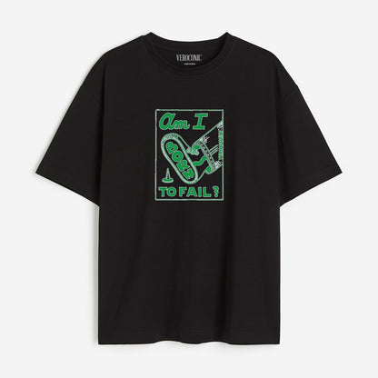 Am I Born To Fail Graphic Printed Oversized Black Cotton T-shirt