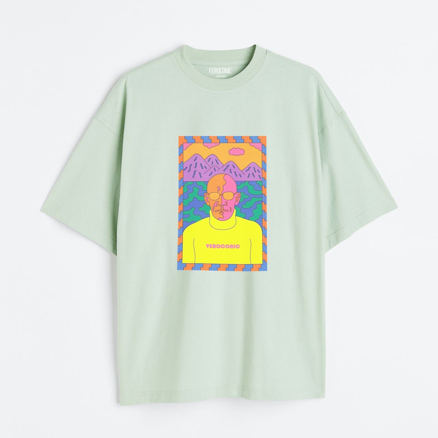 Veroconic Head Graphic Printed Oversized Mint Green Cotton T-shirt