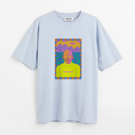 Veroconic Head Graphic Printed Oversized Baby Blue Cotton T-shirt