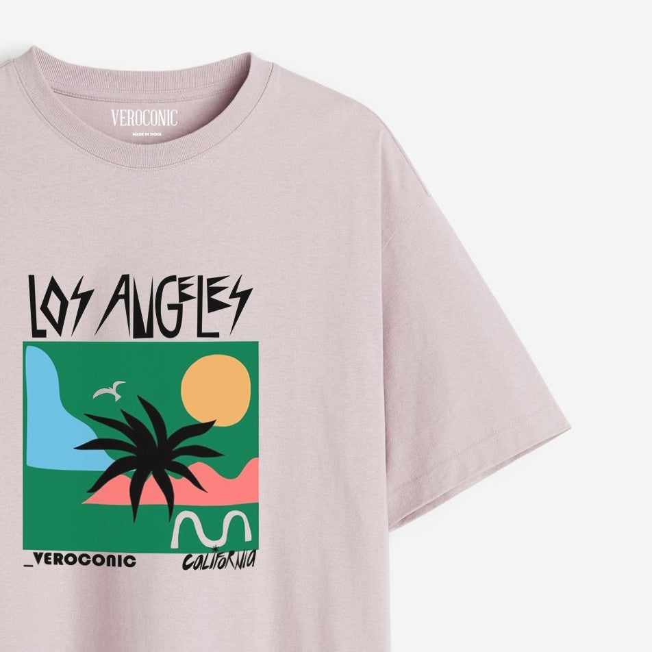 Los Angeles Beach Graphic Printed Oversized Lavender Cotton T-shirt