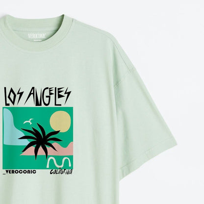Los Angeles Beach Graphic Printed Oversized Mint Green Cotton T-shirt