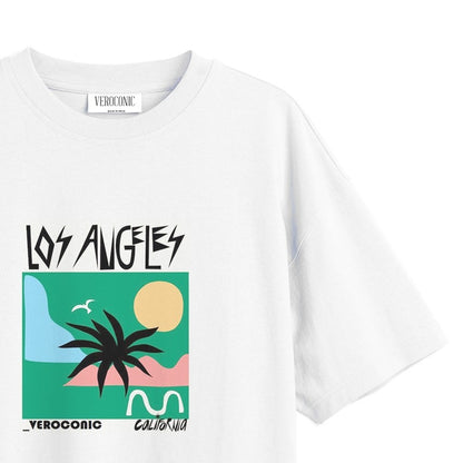 Los Angeles Beach Graphic Printed Oversized White Cotton T-shirt
