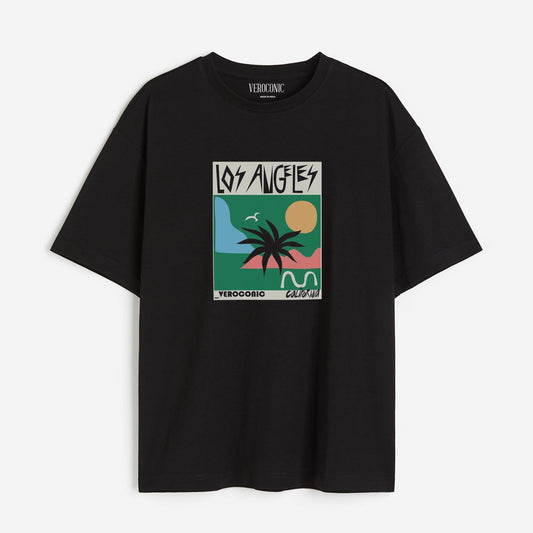 Los Angeles Beach Graphic Printed Oversized Black Cotton T-shirt