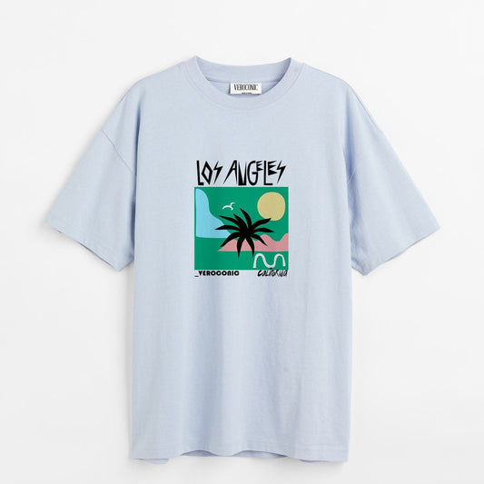 Los Angeles Beach Graphic Printed Oversized Baby Blue Cotton T-shirt