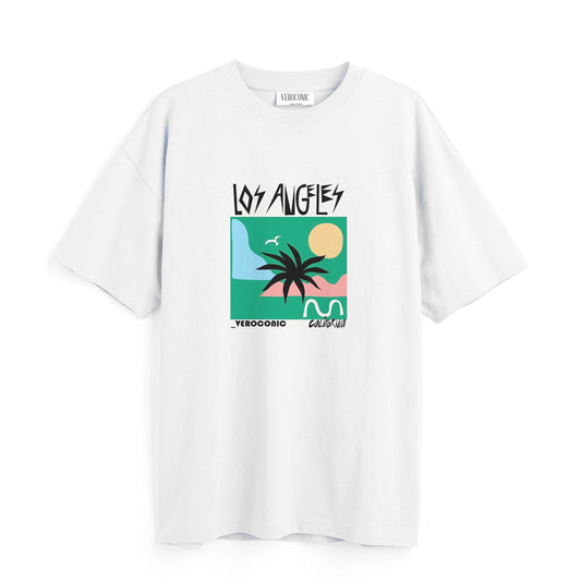 Los Angeles Beach Graphic Printed Oversized White Cotton T-shirt
