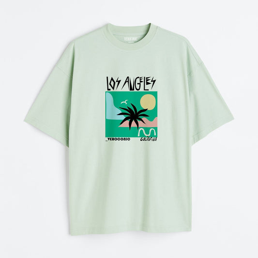 Los Angeles Beach Graphic Printed Oversized Mint Green Cotton T-shirt