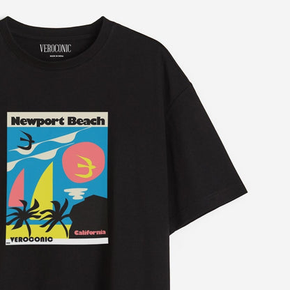 New-Port Beach Graphic Printed Oversized Black Cotton T-shirt