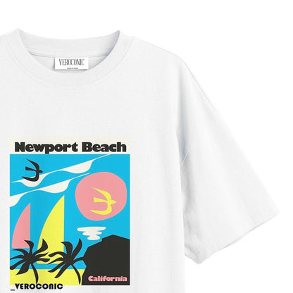 New-Port Beach Graphic Printed Oversized White Cotton T-shirt