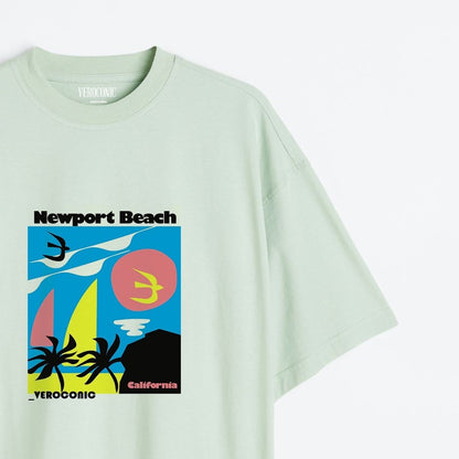 New-Port Beach Graphic Printed Oversized Mint Green Cotton T-shirt