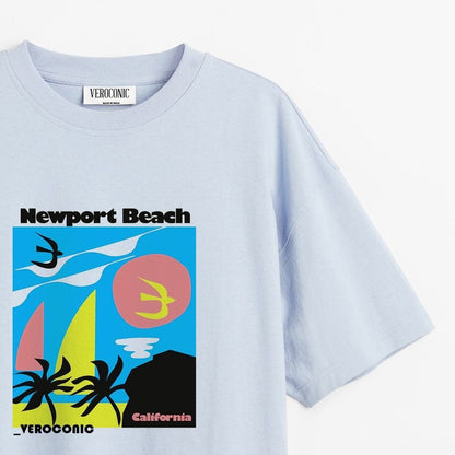 New-Port Beach Graphic Printed Oversized Baby Blue Cotton T-shirt