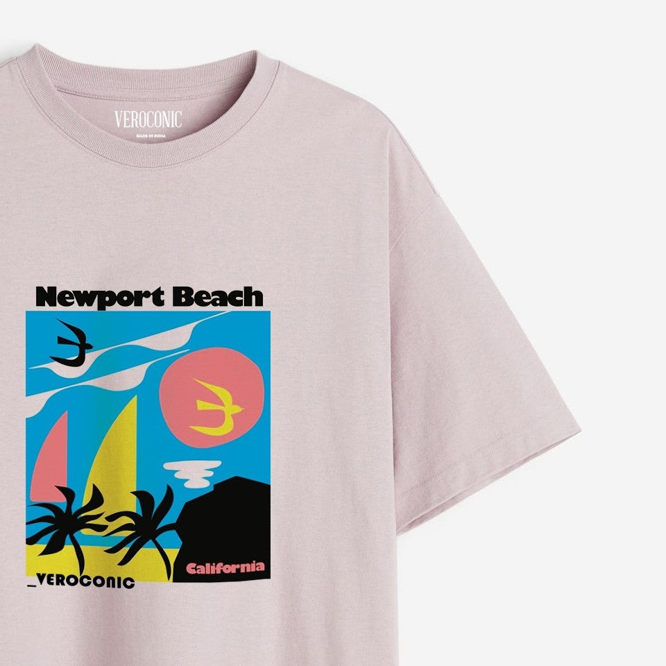 New-Port Beach Graphic Printed Oversized Lavender Cotton T-shirt