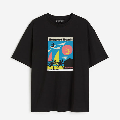 New-Port Beach Graphic Printed Oversized Black Cotton T-shirt