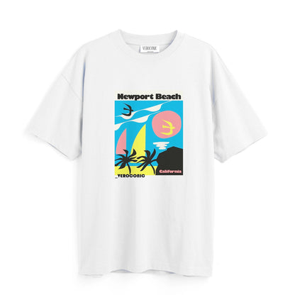 New-Port Beach Graphic Printed Oversized White Cotton T-shirt
