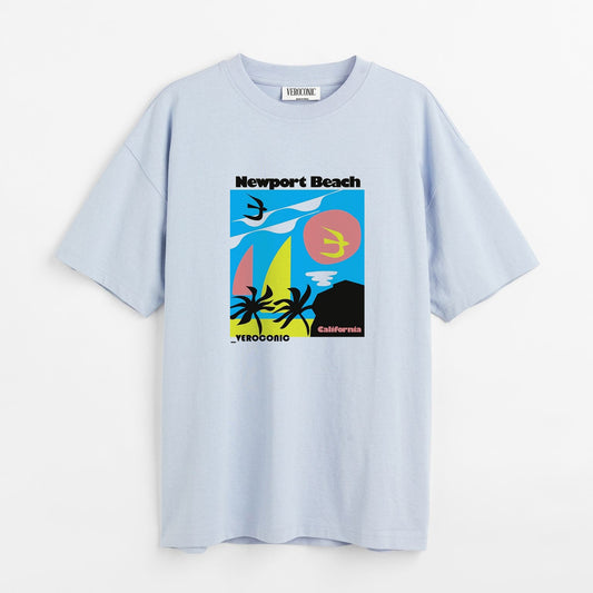 New-Port Beach Graphic Printed Oversized Baby Blue Cotton T-shirt