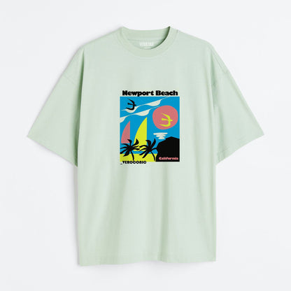 New-Port Beach Graphic Printed Oversized Mint Green Cotton T-shirt