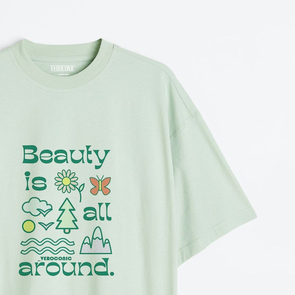 Beauty is All Around Printed Oversized Mint Green Cotton T-shirt