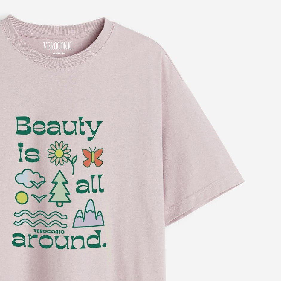 Beauty is All Around Printed Oversized Lavender Cotton T-shirt